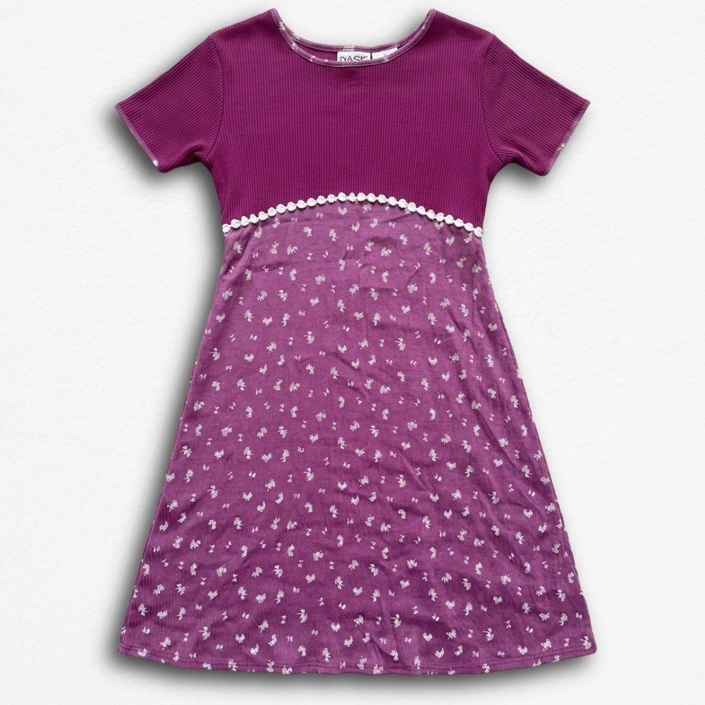 Vintage Basic Editions Girls Size 12 Purple Floral Ribbed Empire Waist Dress